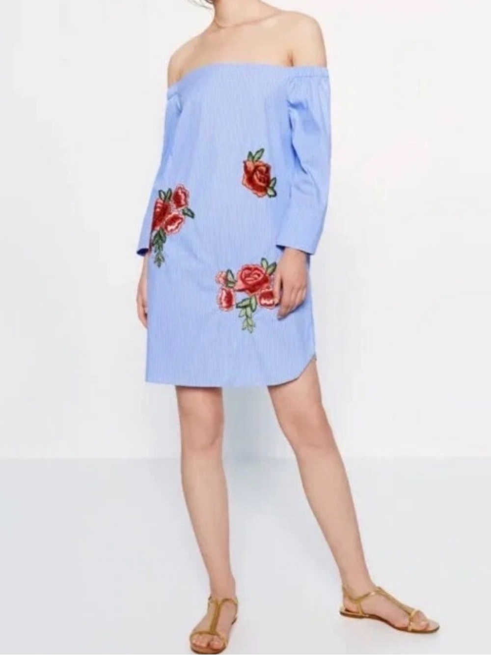 Zara Woman Blue Striped Floral Embroidered Off Shoulder Dress M